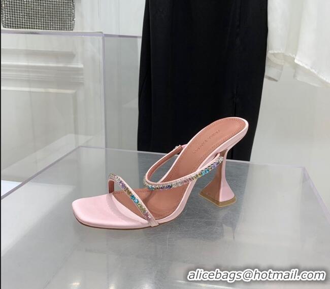 Most Popular Amina Muaddi Gilda Silk High Heel Slides Sandal 9.5cm with Crystal AM2614 Light Pink 2022