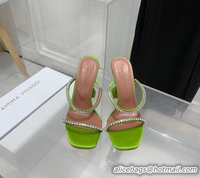 Shop Promotional Amina Muaddi Gilda Silk High Heel Slides Sandal 9.5cm with Crystal AM2614 Green 2022