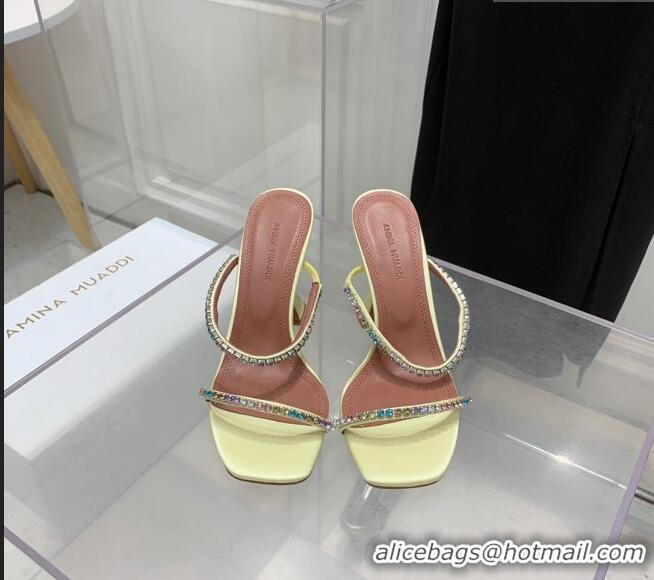 ​Promotional Amina Muaddi Gilda Silk High Heel Slides Sandal 9.5cm with Crystal AM2614 Light Yellow 2022