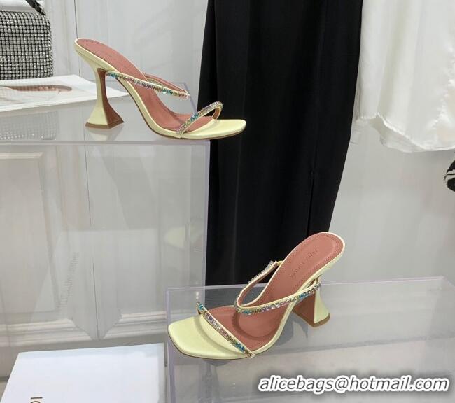 ​Promotional Amina Muaddi Gilda Silk High Heel Slides Sandal 9.5cm with Crystal AM2614 Light Yellow 2022