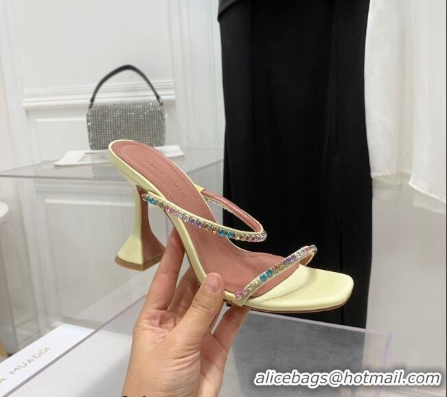 ​Promotional Amina Muaddi Gilda Silk High Heel Slides Sandal 9.5cm with Crystal AM2614 Light Yellow 2022