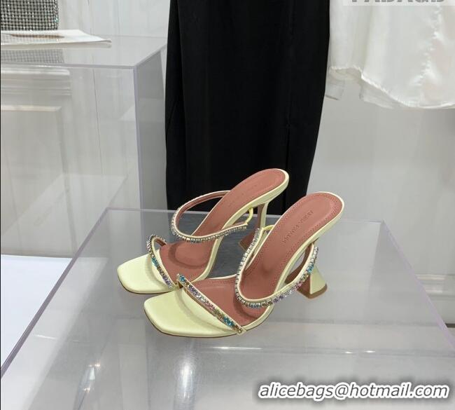 ​Promotional Amina Muaddi Gilda Silk High Heel Slides Sandal 9.5cm with Crystal AM2614 Light Yellow 2022