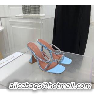 ​Well Crafted Amina Muaddi Gilda Patent Leather High Heel Slides Sandal 9.5cm with Crystal AM2614 Light Blue 2022