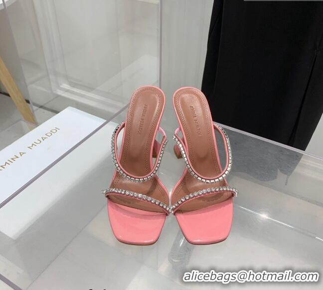 Reasonable Price Amina Muaddi Gilda Patent Leather High Heel Slides Sandal 9.5cm with Crystal AM2614 Peachy Pink 2022