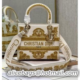 New Design DIOR MEDIUM LADY D-LITE BAG gold and White Ornamental Cornely-Effect Embroidery M0565O