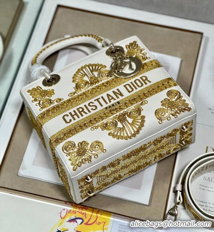 New Design DIOR MEDIUM LADY D-LITE BAG gold and White Ornamental Cornely-Effect Embroidery M0565O