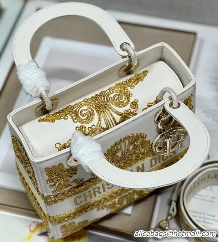 New Design DIOR MEDIUM LADY D-LITE BAG gold and White Ornamental Cornely-Effect Embroidery M0565O