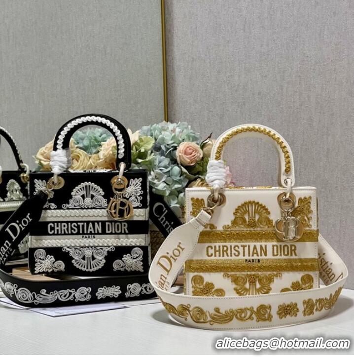 New Design DIOR MEDIUM LADY D-LITE BAG gold and White Ornamental Cornely-Effect Embroidery M0565O