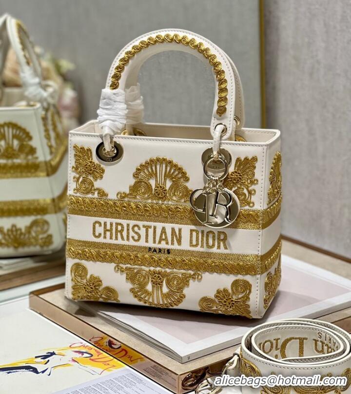 New Design DIOR MEDIUM LADY D-LITE BAG gold and White Ornamental Cornely-Effect Embroidery M0565O