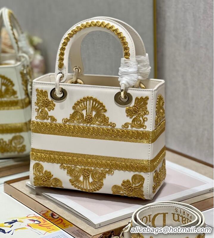 New Design DIOR MEDIUM LADY D-LITE BAG gold and White Ornamental Cornely-Effect Embroidery M0565O