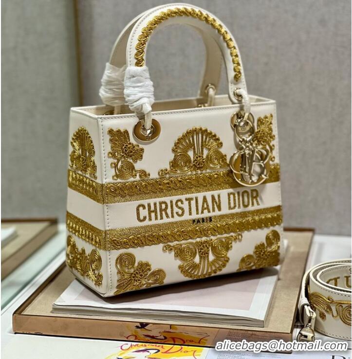 New Design DIOR MEDIUM LADY D-LITE BAG gold and White Ornamental Cornely-Effect Embroidery M0565O