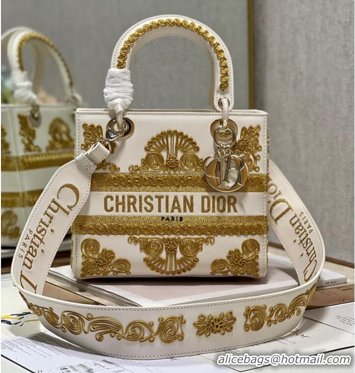 New Design DIOR MEDIUM LADY D-LITE BAG gold and White Ornamental Cornely-Effect Embroidery M0565O