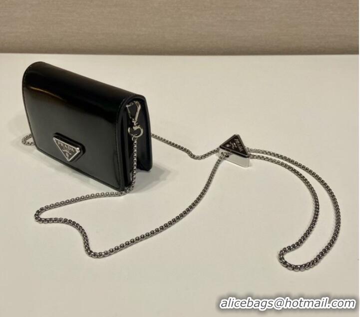 Buy Inexpensive Prada brushed leather card holder with shoulder strap 1MR024 black