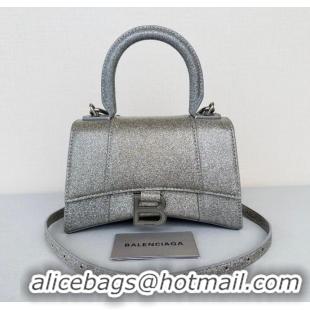 Famous Brand Balenciaga WOMENS HOURGLASS XS HANDBAG IN SPARKLING FABRIC 592833 IN SILVER