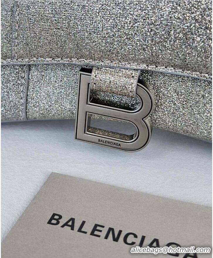 Famous Brand Balenciaga WOMENS HOURGLASS XS HANDBAG IN SPARKLING FABRIC 592833 IN SILVER