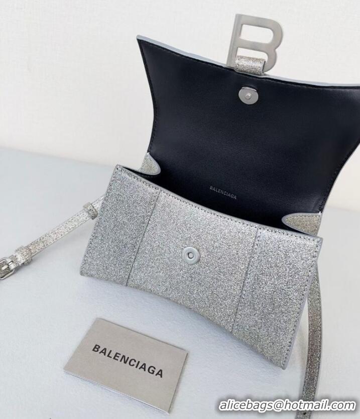 Famous Brand Balenciaga WOMENS HOURGLASS XS HANDBAG IN SPARKLING FABRIC 592833 IN SILVER