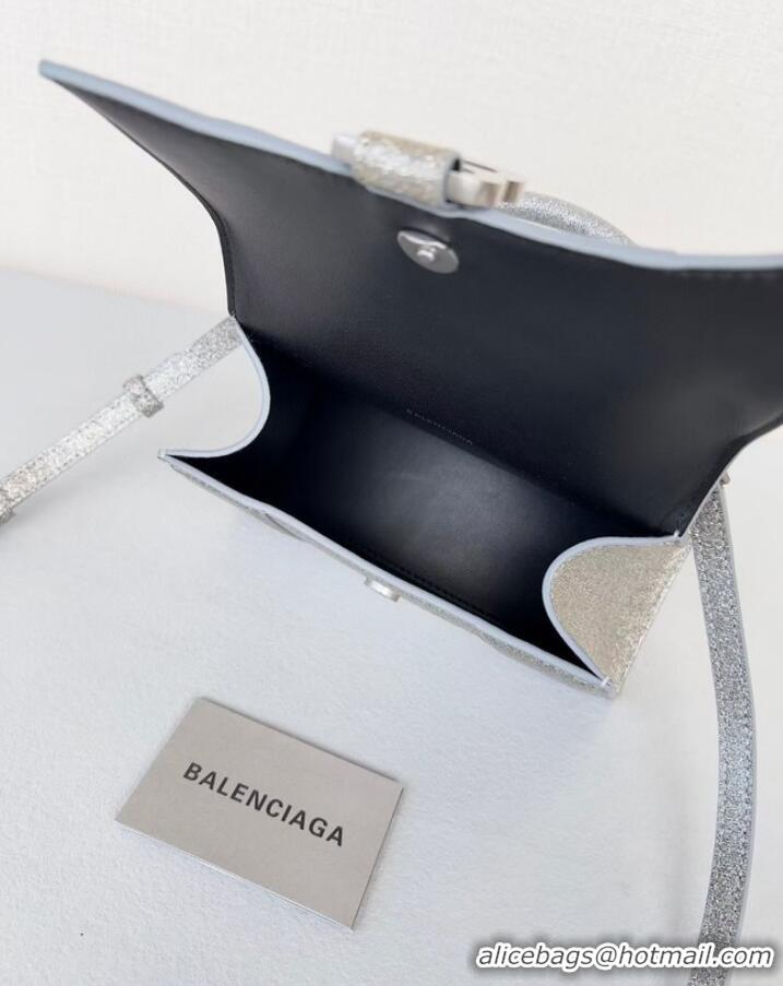 Famous Brand Balenciaga WOMENS HOURGLASS XS HANDBAG IN SPARKLING FABRIC 592833 IN SILVER