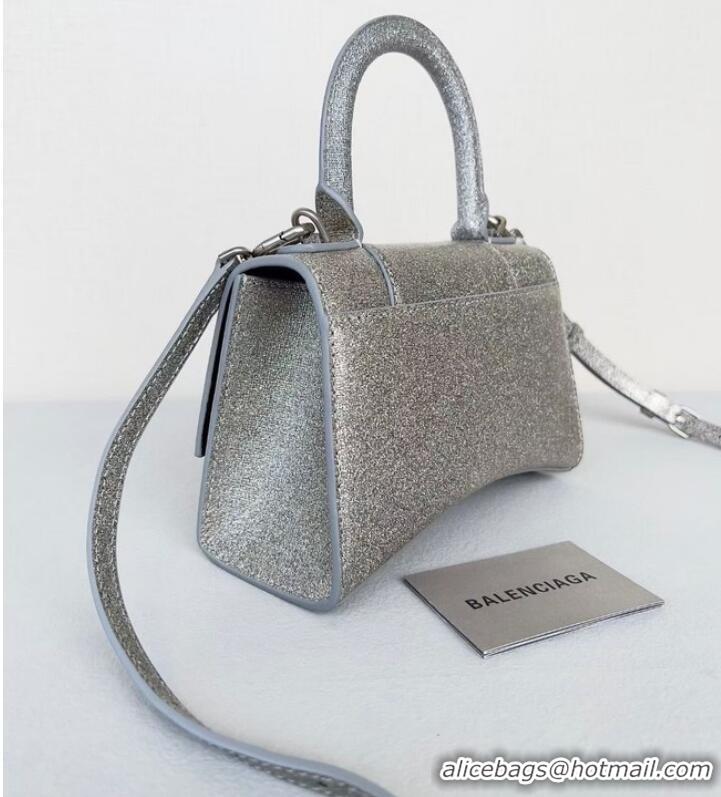 Famous Brand Balenciaga WOMENS HOURGLASS XS HANDBAG IN SPARKLING FABRIC 592833 IN SILVER