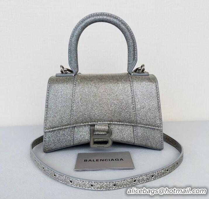 Famous Brand Balenciaga WOMENS HOURGLASS XS HANDBAG IN SPARKLING FABRIC 592833 IN SILVER