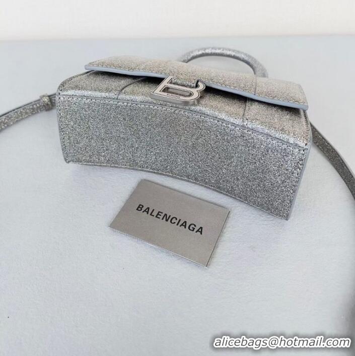 Famous Brand Balenciaga WOMENS HOURGLASS XS HANDBAG IN SPARKLING FABRIC 592833 IN SILVER