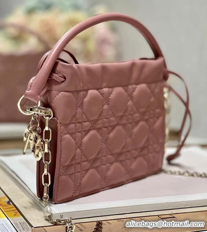 Famous Brand LADY DIOR TOP HANDLE DRAWSTRING MINI BAG Peony Pink Cannage Lambskin S0981O