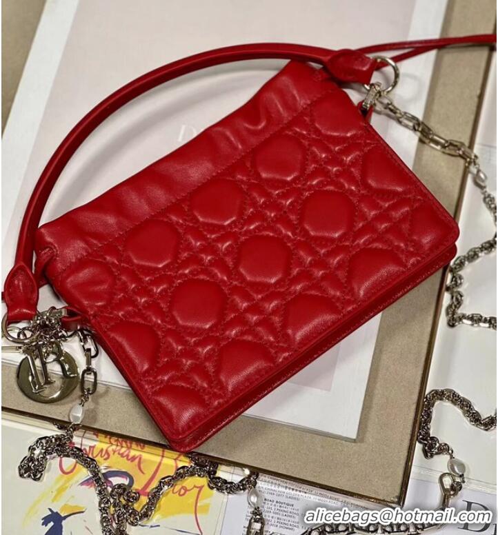 Popular Style LADY DIOR TOP HANDLE DRAWSTRING MINI BAG Scarlet Red Cannage Lambskin S0981ON