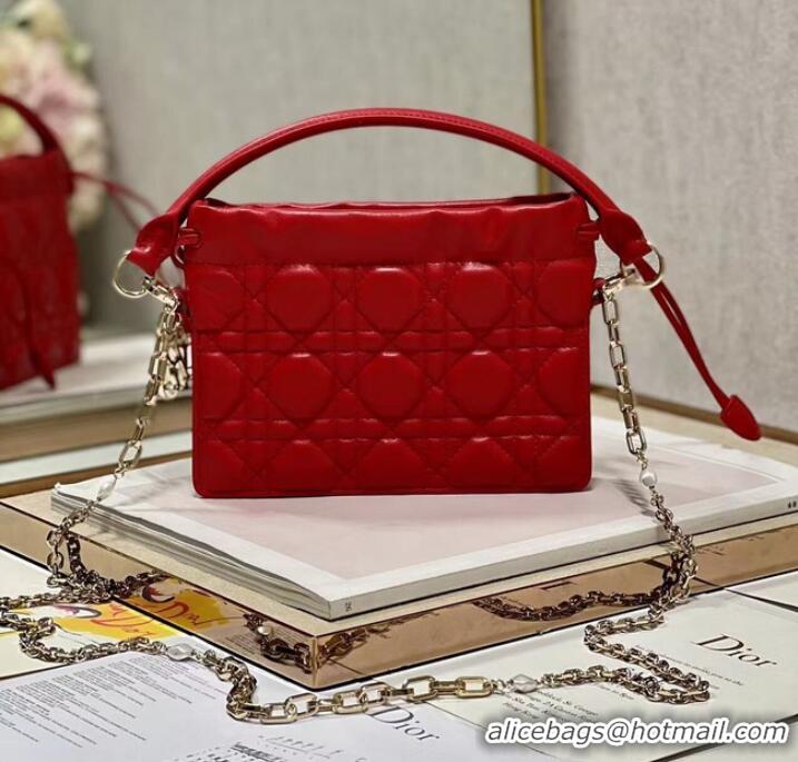 Popular Style LADY DIOR TOP HANDLE DRAWSTRING MINI BAG Scarlet Red Cannage Lambskin S0981ON