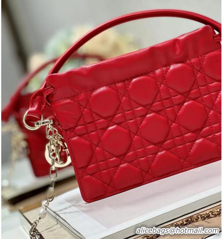 Popular Style LADY DIOR TOP HANDLE DRAWSTRING MINI BAG Scarlet Red Cannage Lambskin S0981ON