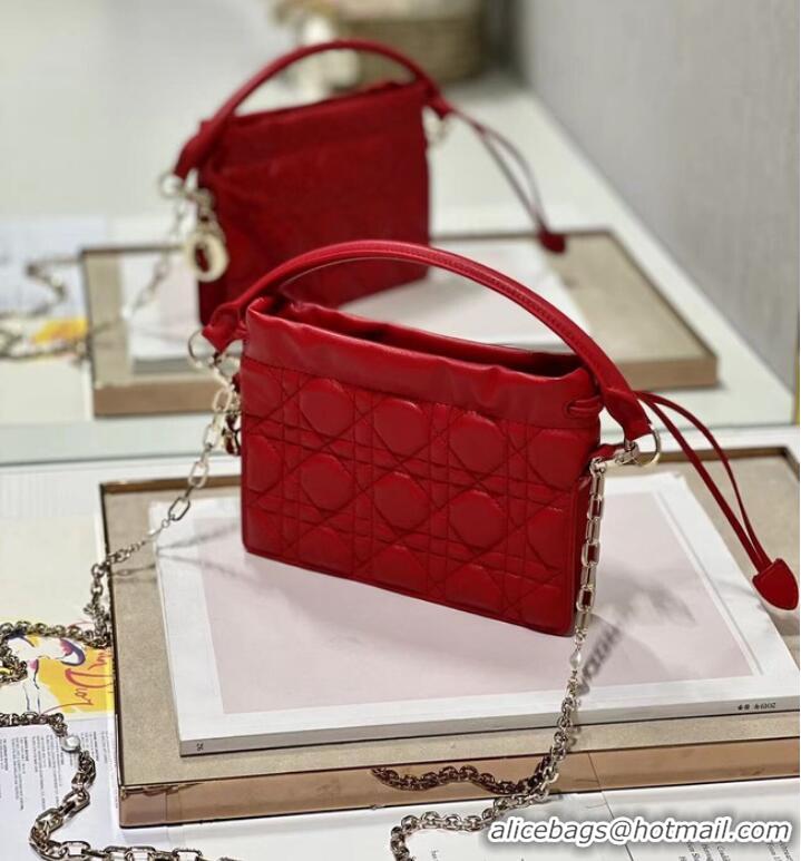 Popular Style LADY DIOR TOP HANDLE DRAWSTRING MINI BAG Scarlet Red Cannage Lambskin S0981ON