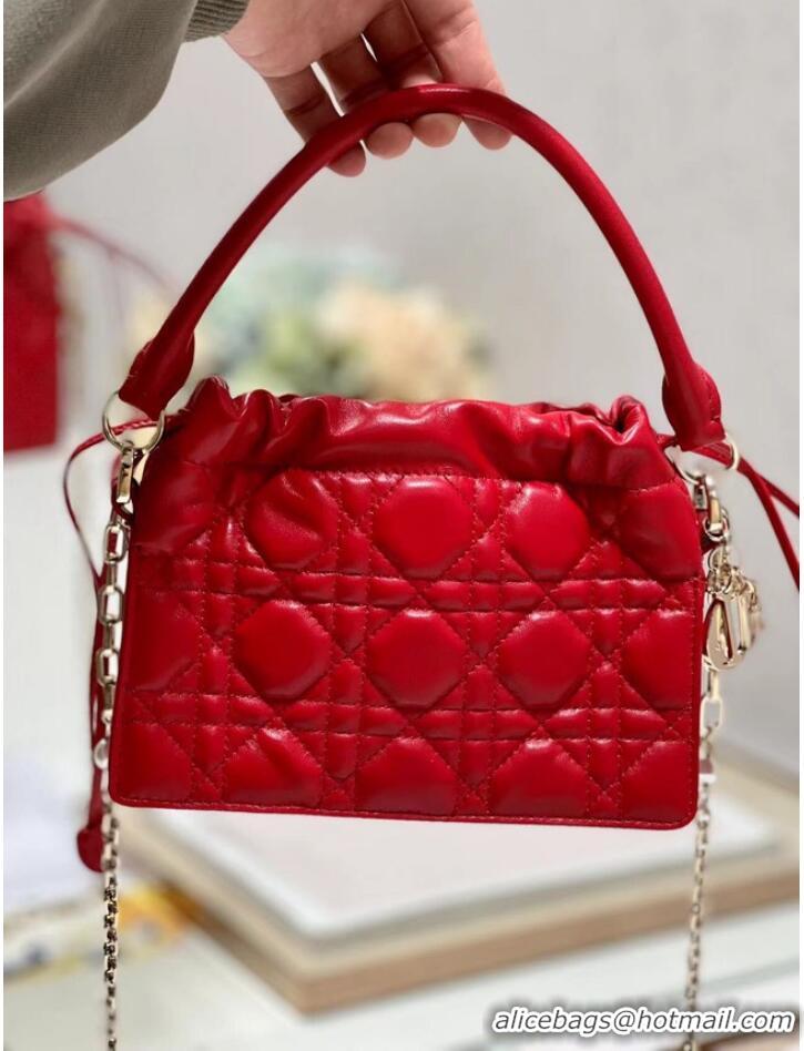 Popular Style LADY DIOR TOP HANDLE DRAWSTRING MINI BAG Scarlet Red Cannage Lambskin S0981ON