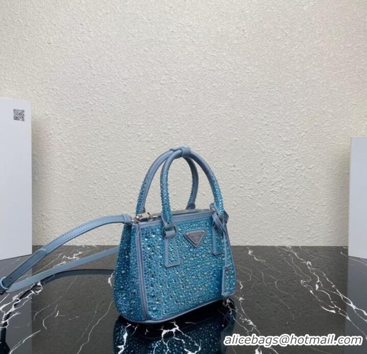 Good Looking Prada Galleria satin mini-bag with crystals 1BA906 sky blue