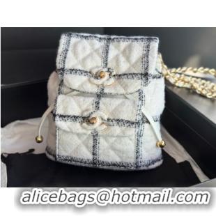 Good Product Chanel BACKPACK Wool Tweed & Gold-Tone Metal AS3615 white