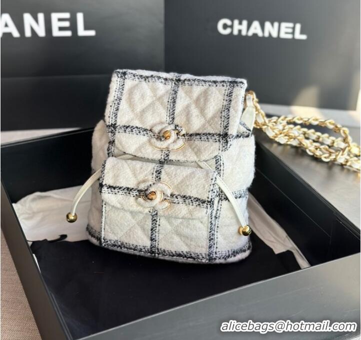 Good Product Chanel BACKPACK Wool Tweed & Gold-Tone Metal AS3615 white