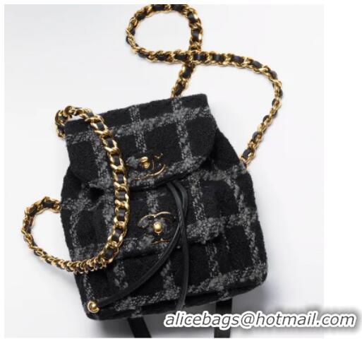 Reasonable Price Chanel BACKPACK Wool Tweed & Gold-Tone Metal AS3615 Black & Gray