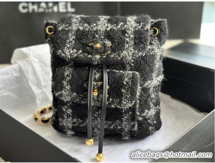 Reasonable Price Chanel BACKPACK Wool Tweed & Gold-Tone Metal AS3615 Black & Gray