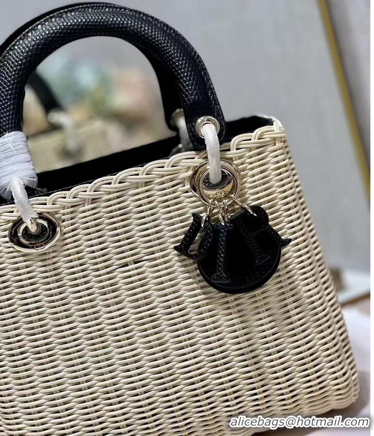 Promotional MEDIUM LADY DIOR BAG Natural Wicker and Black Lizard skin M0565