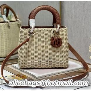 Cheapest MEDIUM LADY DIOR BAG Natural Wicker and Brown Lizard skin M0565