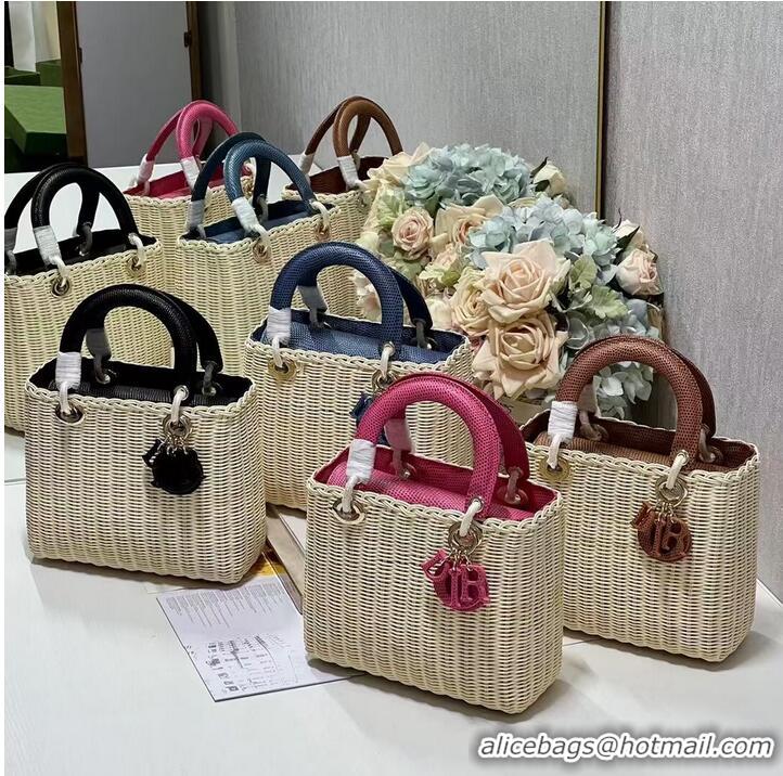 Cheapest MEDIUM LADY DIOR BAG Natural Wicker and Brown Lizard skin M0565