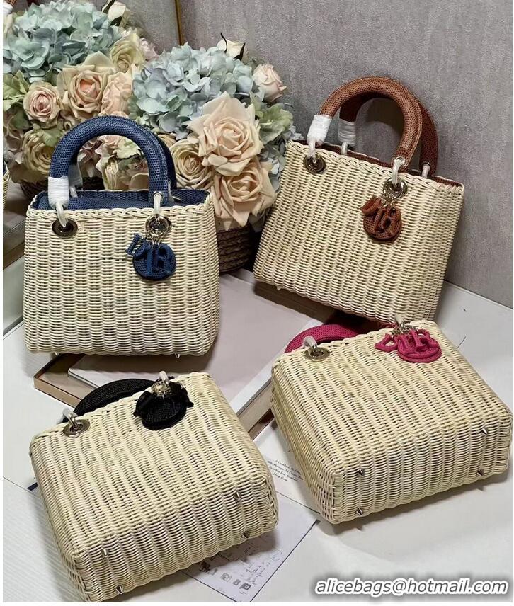 Cheapest MEDIUM LADY DIOR BAG Natural Wicker and Brown Lizard skin M0565