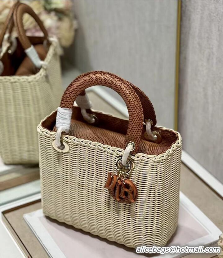 Cheapest MEDIUM LADY DIOR BAG Natural Wicker and Brown Lizard skin M0565