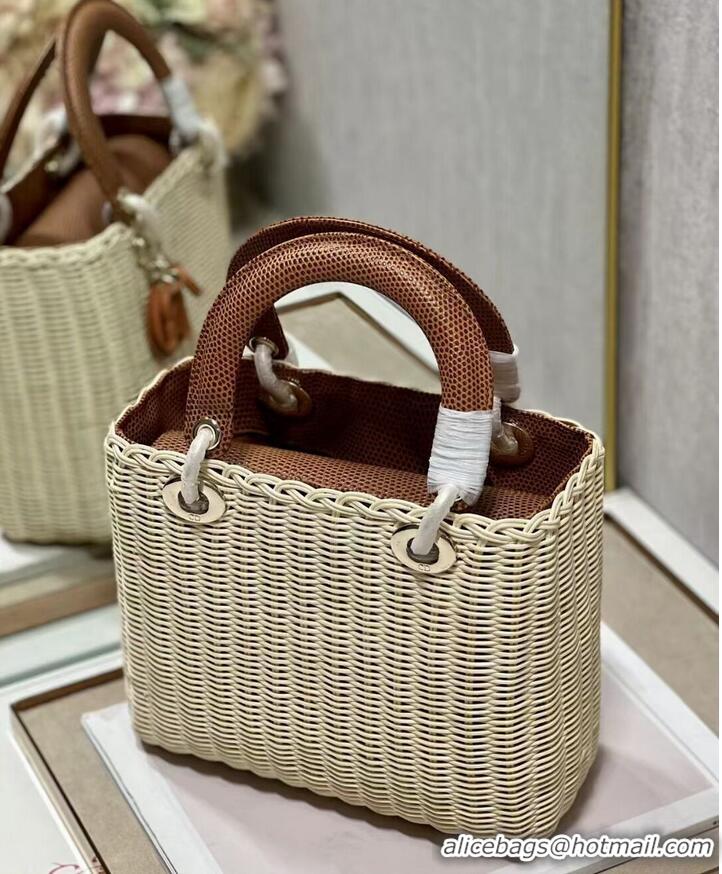 Cheapest MEDIUM LADY DIOR BAG Natural Wicker and Brown Lizard skin M0565