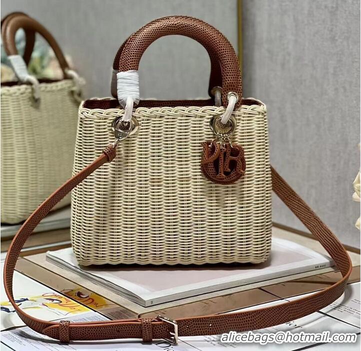 Cheapest MEDIUM LADY DIOR BAG Natural Wicker and Brown Lizard skin M0565