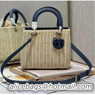 Classic Discount MEDIUM LADY DIOR BAG Natural Wicker and BlueLizard skin M0565