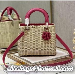 Stylish Promotional MEDIUM LADY DIOR BAG Natural Wicker and pink Lizard skin M0565