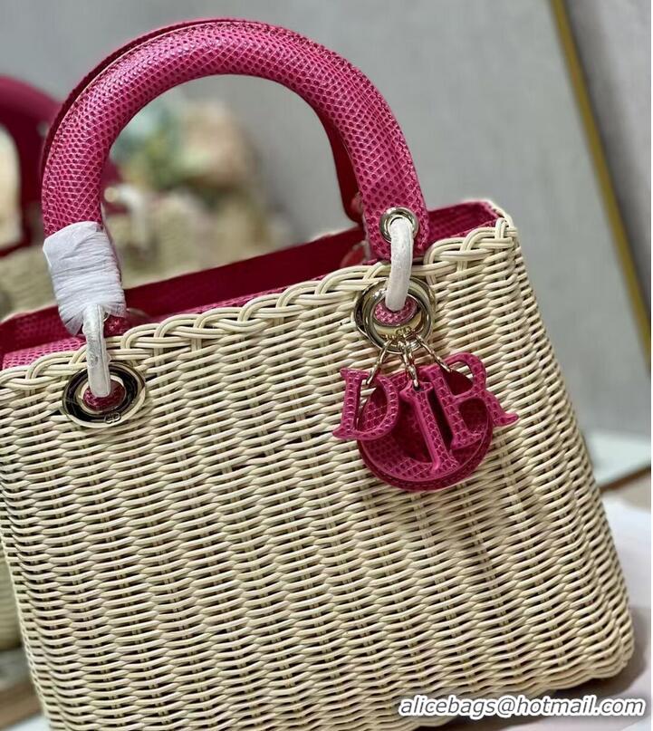 Stylish Promotional MEDIUM LADY DIOR BAG Natural Wicker and pink Lizard skin M0565