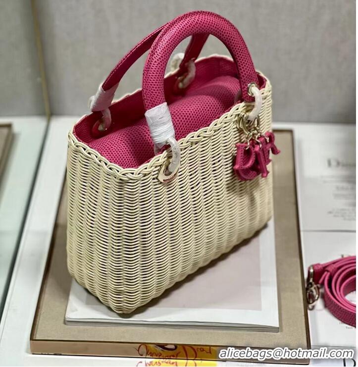 Stylish Promotional MEDIUM LADY DIOR BAG Natural Wicker and pink Lizard skin M0565