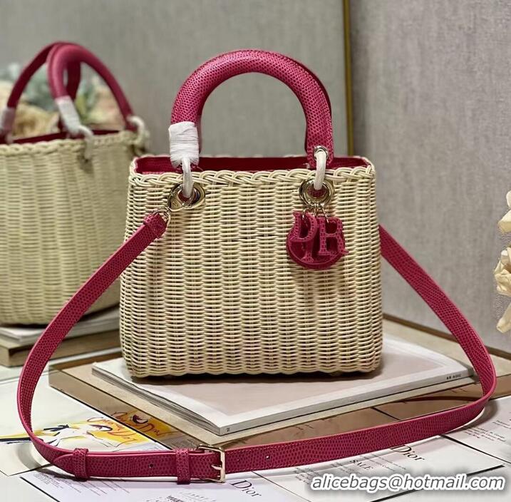 Stylish Promotional MEDIUM LADY DIOR BAG Natural Wicker and pink Lizard skin M0565