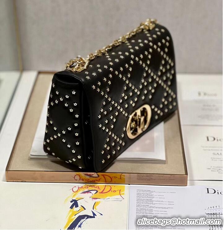 Original Cheap DIOR CARO MACROCANNAGE POUCH Macrocannage Calfskin with Star Motif C3136 black&gold