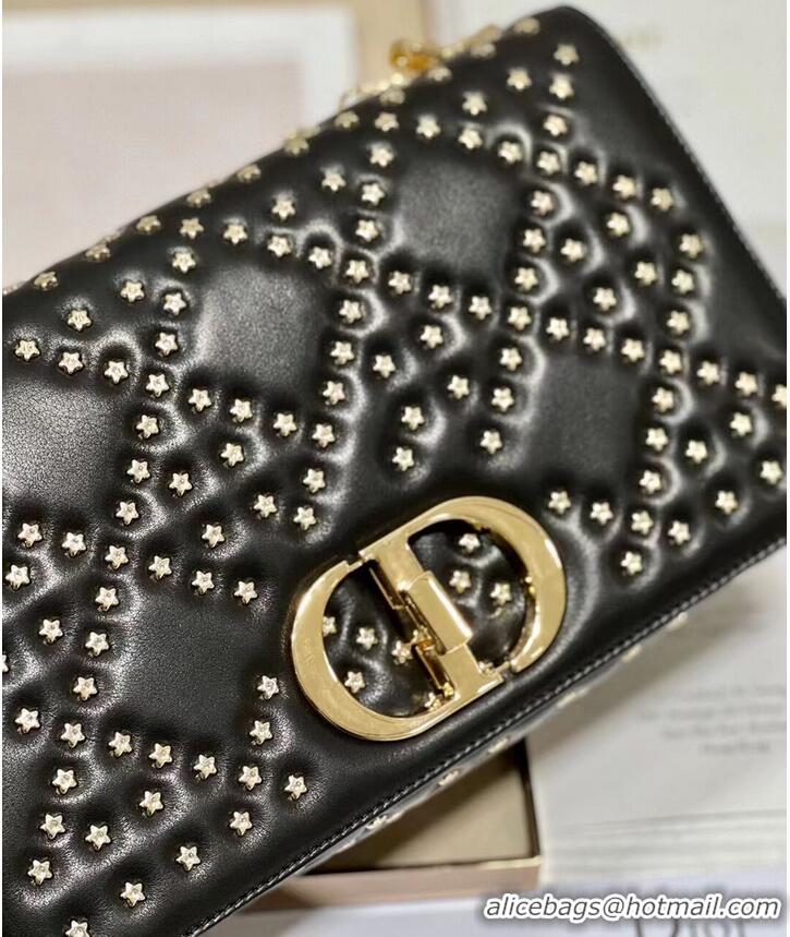 Original Cheap DIOR CARO MACROCANNAGE POUCH Macrocannage Calfskin with Star Motif C3136 black&gold