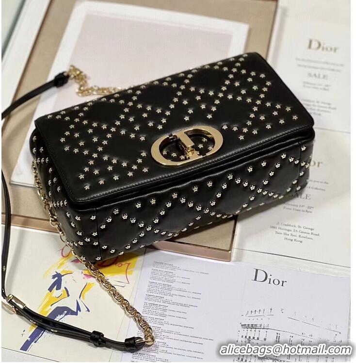 Original Cheap DIOR CARO MACROCANNAGE POUCH Macrocannage Calfskin with Star Motif C3136 black&gold